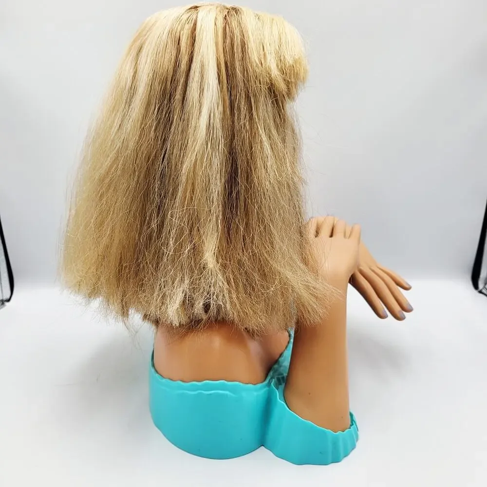 Vtg 1998 2002 Mattel Barbie Primp & Polish Styling Head Blonde Hair Aqua Base